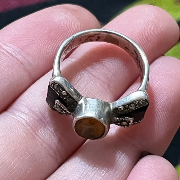 VTG Art Deco Style Citrine Onyx Marcasite Sterling Silver 925 Size 6 1/2 Ring - Picture 4 of 7